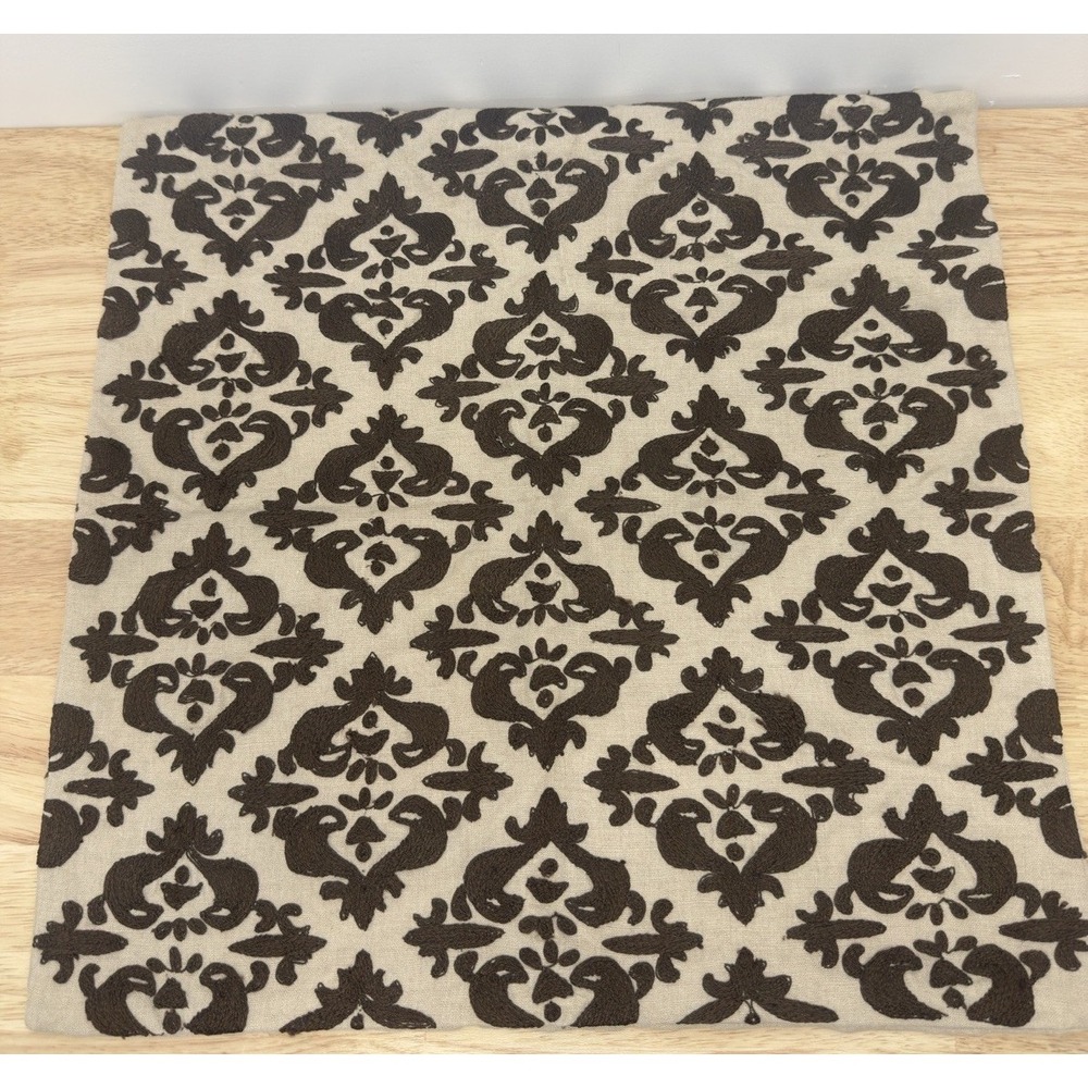 Pottery Barn "Embroidered Brown Design" 18"‎ Linen Pillow Cover #52